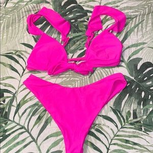 ZAFUL hot pink ruffle tie bikini